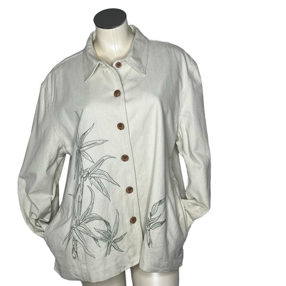 RUBY RD Long Sleeve Striped Tropical Embroidered Button Up Top Pockets Size 18
